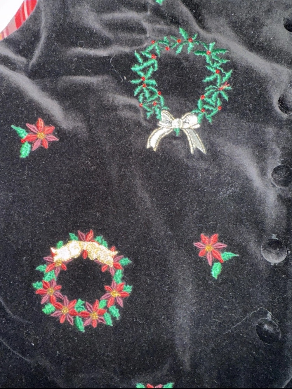 Ugly Christmas Vest Velvet Embroidered Wreaths Tartan Plaid Back 90s VTG Medium - Picture 8 of 12